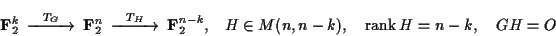 \begin{displaymath}\begin{CD}
{\bf F}_2^k @>{T_G}>> {\bf F}_2^n @>{T_H}>> {\bf ...
...M(n,n-k), \quad
\operatorname{rank}H=n-k, \quad
GH=O \end{CD}\end{displaymath}