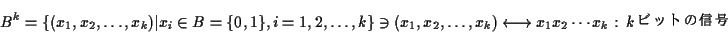 \begin{displaymath}B^k=\{(x_1,x_2,\dots,x_k)\vert x_i\in B=\{0,1\}, i=1,2,\dots,...
...longleftrightarrow x_1x_2\cdots x_k
\text{ : $k$ӥåȤο}\end{displaymath}